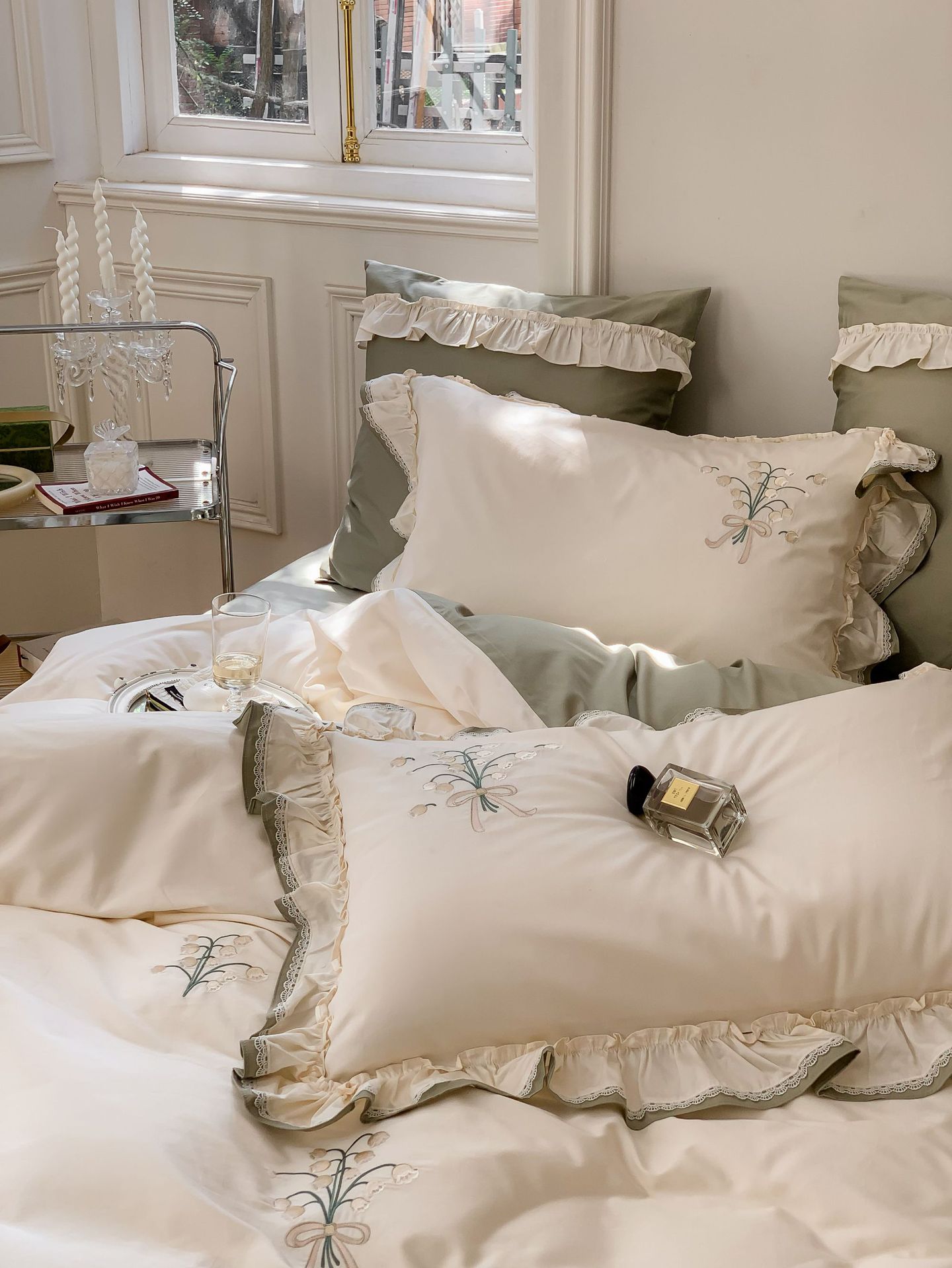 Classical embroidery double-piece natural color fabric with ruffled edges and rounded corners, 100S Australian cotton double-strand Gongbrocade, long-staple cotton four-piece set pic 8