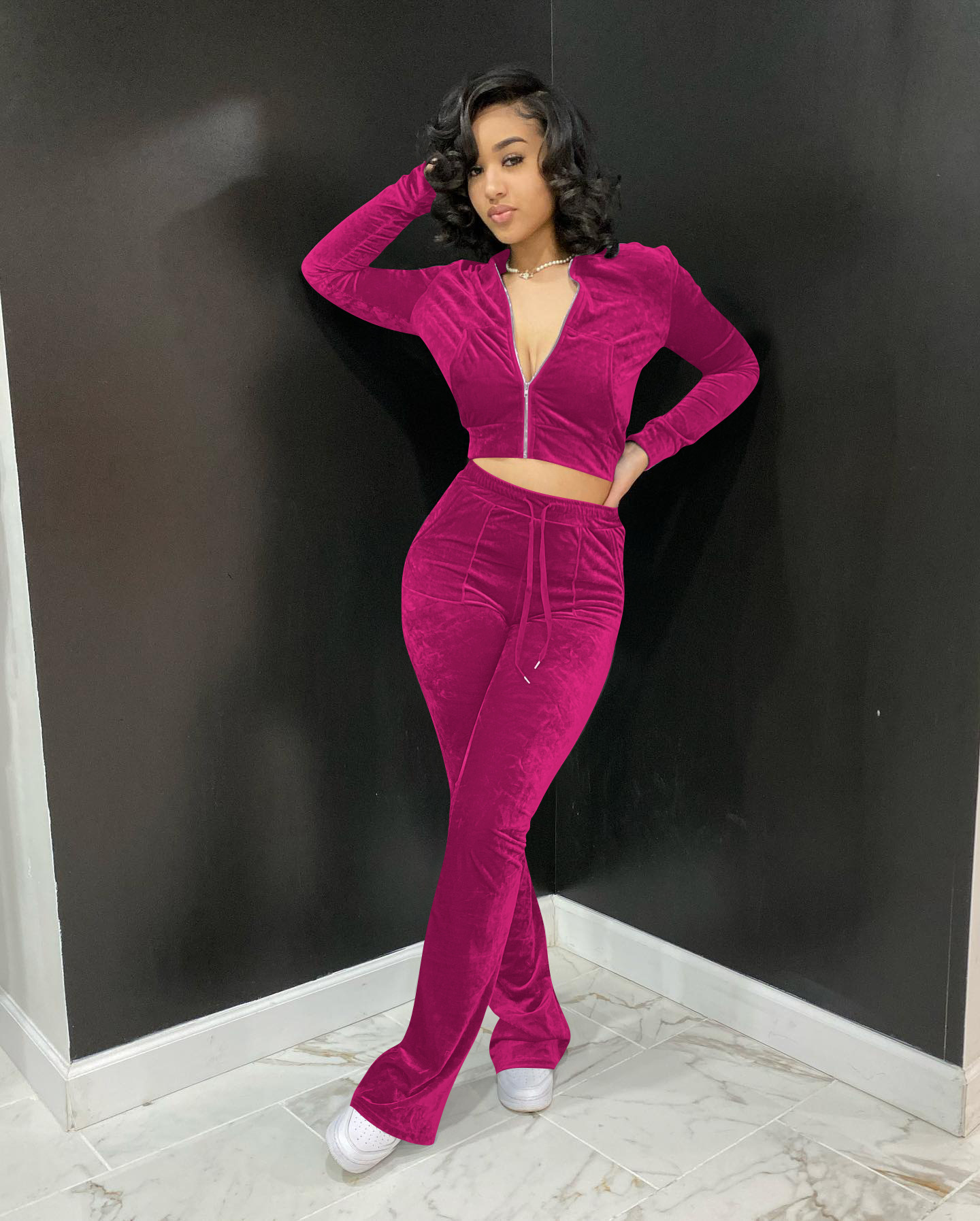 Solid color gold velvet wide-leg pants two-piece set pic 108