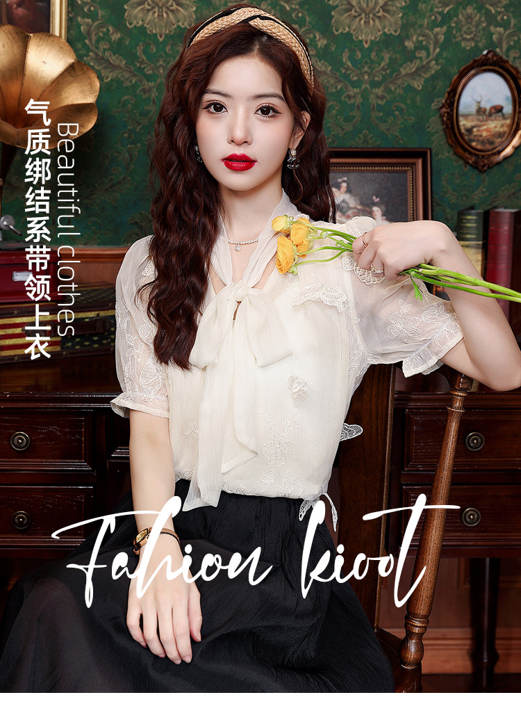 2024年夏季女装高级感蕾丝雪纺衬衫女设计感小众别致蝴蝶结衬衣详情1