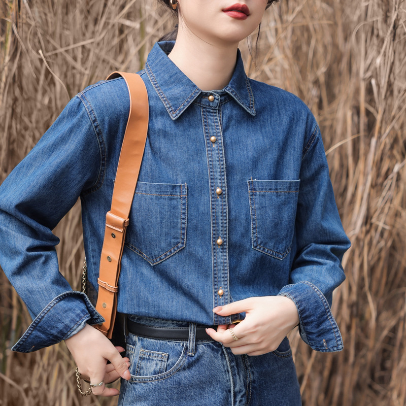 牛仔衬衫女2024春秋新款百搭蓝色韩版时尚休闲宽松翻领大码衬衣详情5