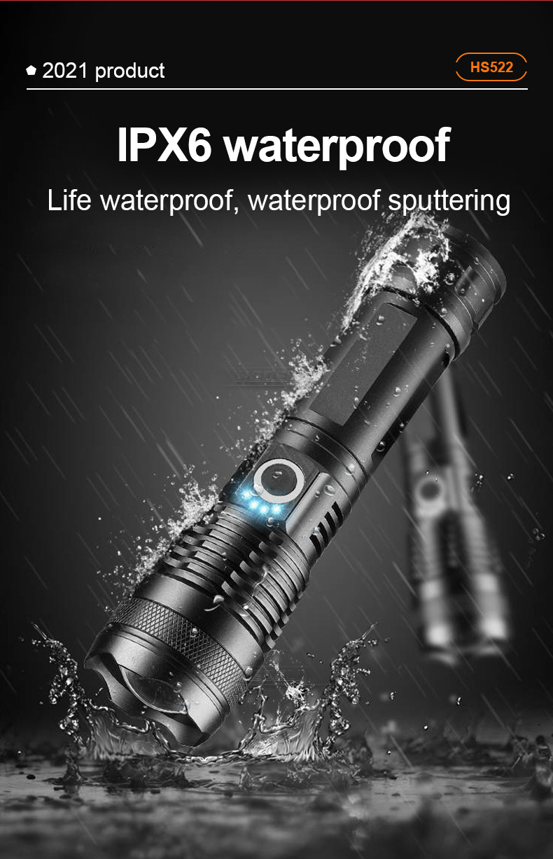户外爆款强光照明手电筒p50灯芯USB充电强光家用防水巡逻手电筒详情11