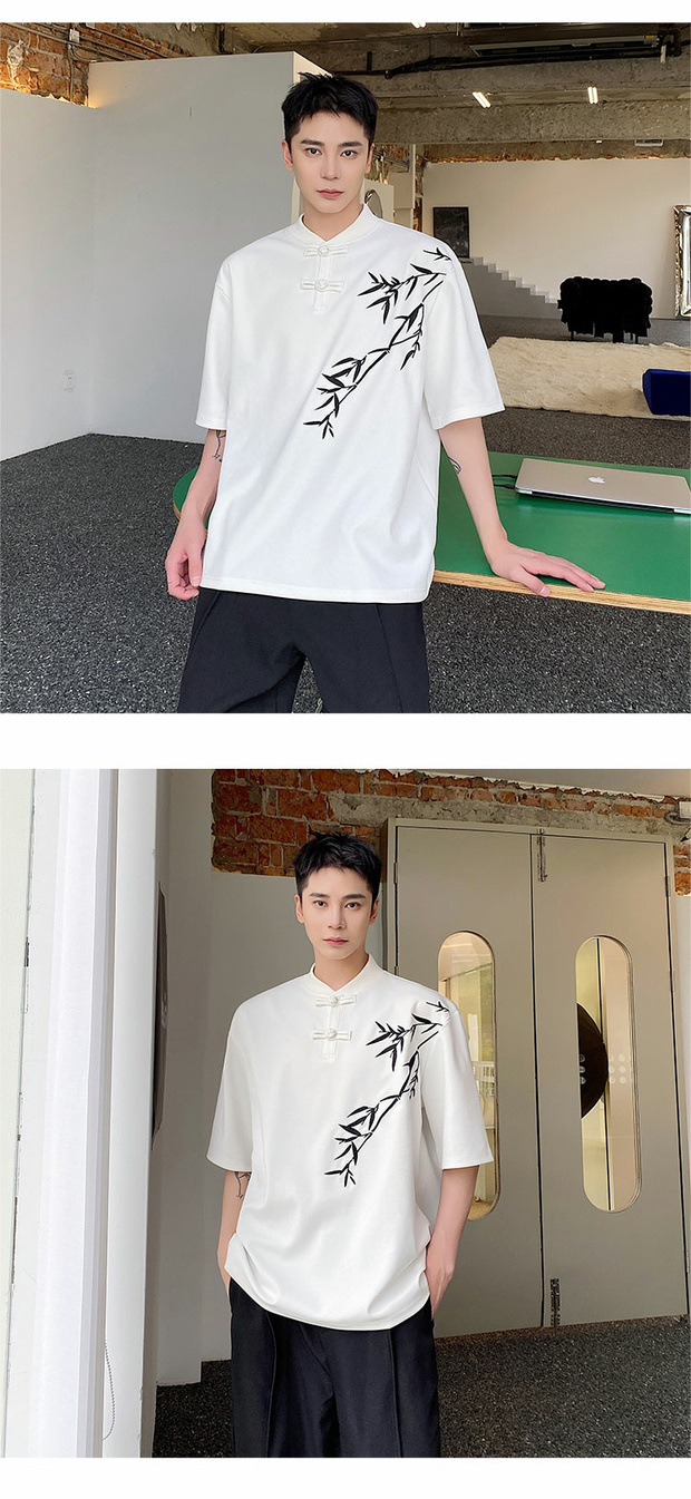 Summer Chinese trend improved Chinese-style button-up T-shirt for men, short-sleeved, niche bamboo embroidery design, retro Chinese style half-sleeved top pic 6