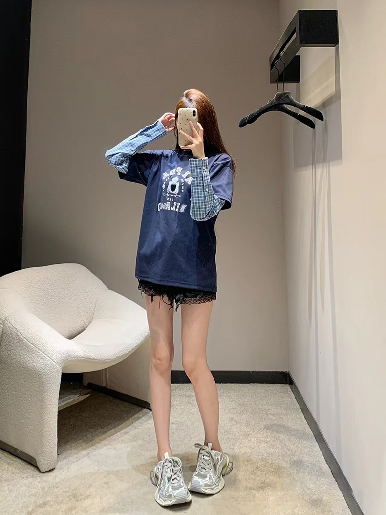 2025夏季新款设计感格纹拼接假两件长袖T恤女时尚休闲减龄上衣女详情4