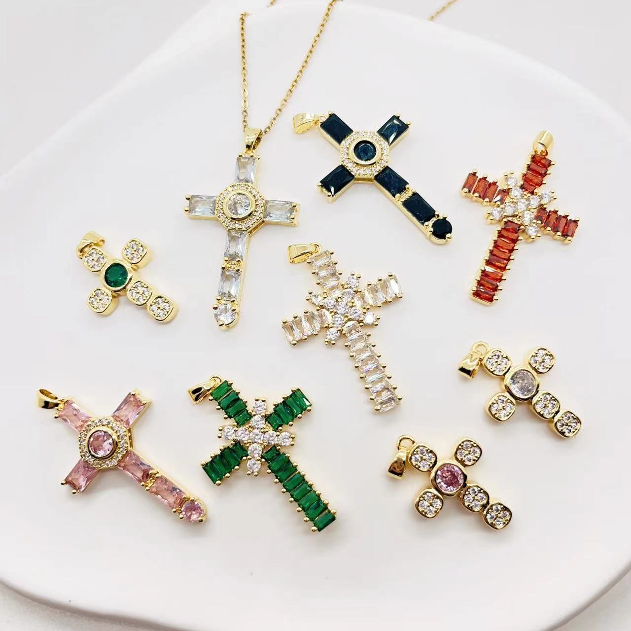 Cross-border European and American copper zircon cross color micro-inlaid pendant jewelry accessories DIY handmade necklace earrings pendant pic 4