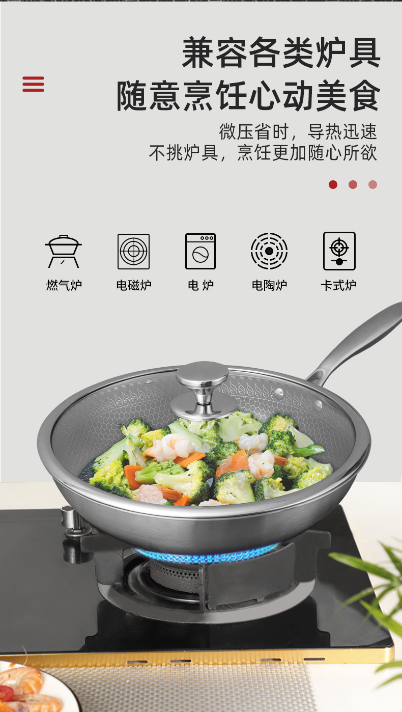 新款现货304不锈钢炒锅不粘锅多层家用平底锅蜂窝炒菜锅通用炒锅详情10