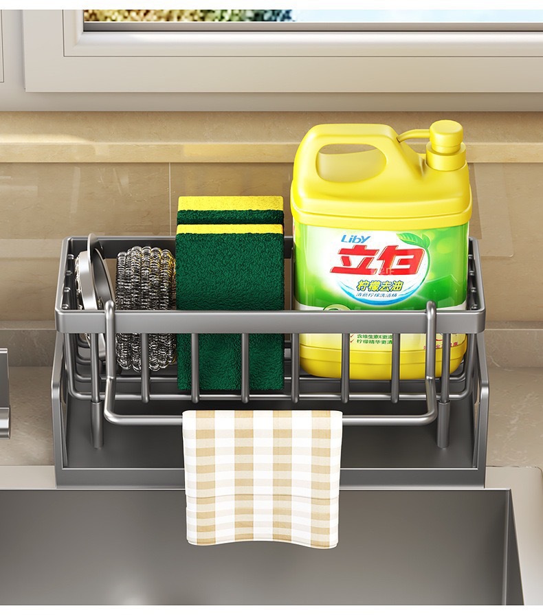 跨境厨房海绵架沥水架洗洁精整理多功能抹布架杆台面收纳置物架详情18