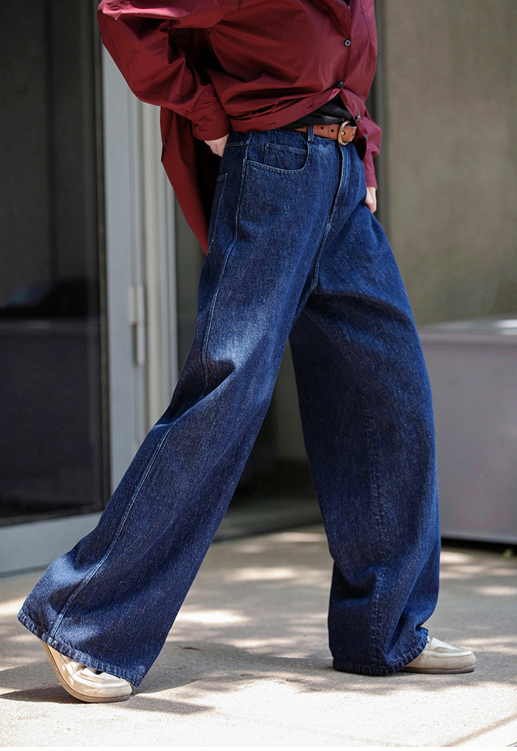 A niche all-season deep indigo blue mid-waisted loose and versatile wide-leg jeans pic 30