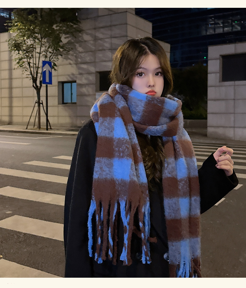 时尚韩版格子仿羊绒围巾冬季保暖加厚撞色彩色学生情侣围脖长巾详情13
