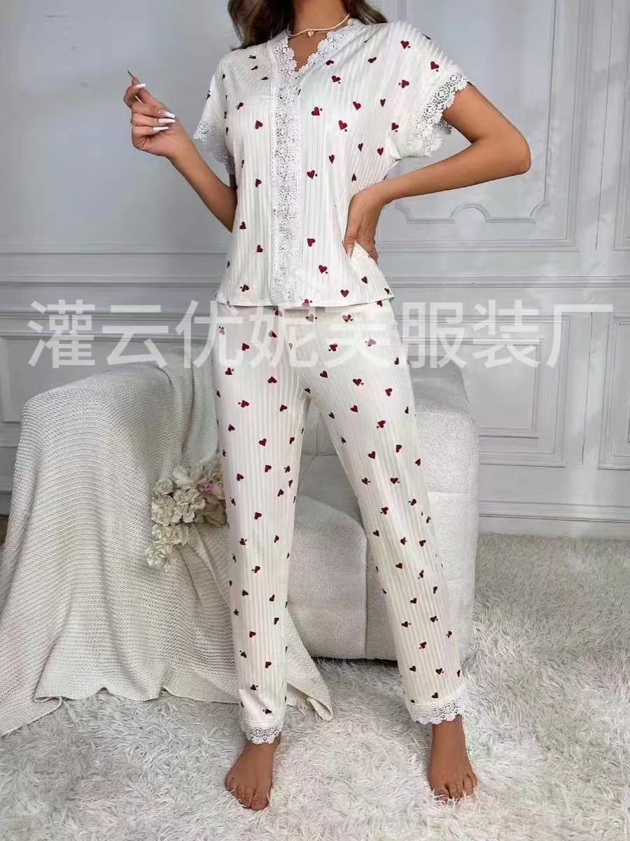 2024跨境V领爱心睡衣女套装秋季新款高级感心形装家居服两件套装详情4