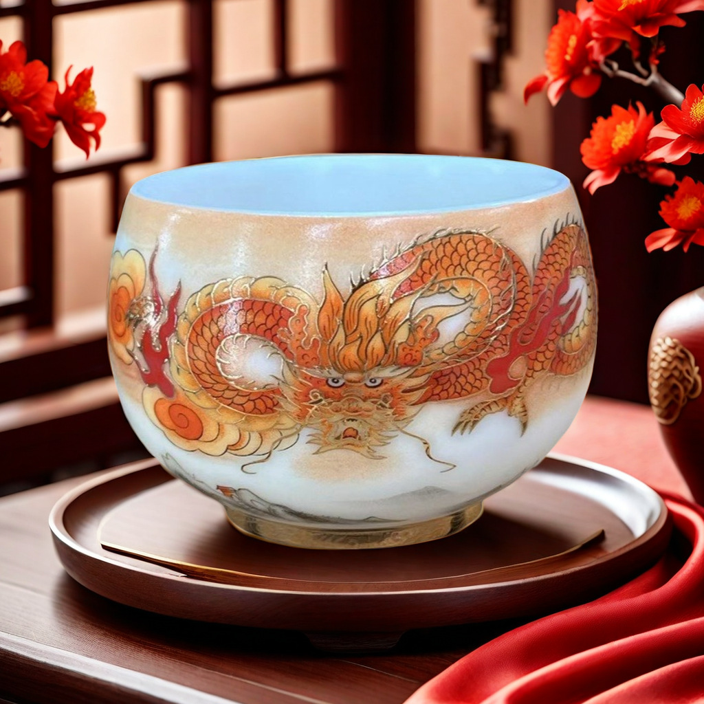 Sheep fat jade ceramic Dragon Year Master Cup Tea Cup and tea set, personal cup tea tasting cup, gift box set pic 2