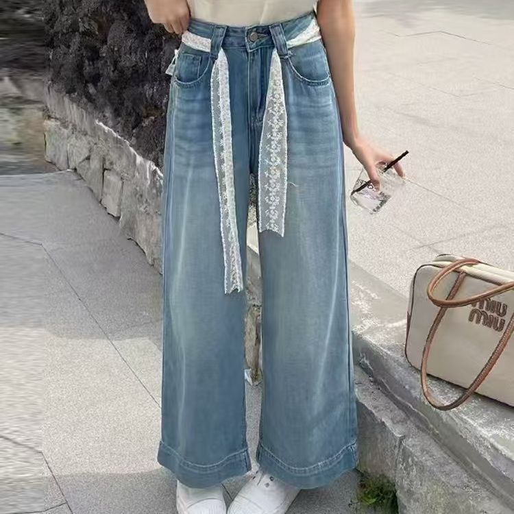 Loose, petite, high-waisted, slimming 9-inch straight-leg lace jeans for women in 2025, a trendy and retro wide-leg pants trend pic 3