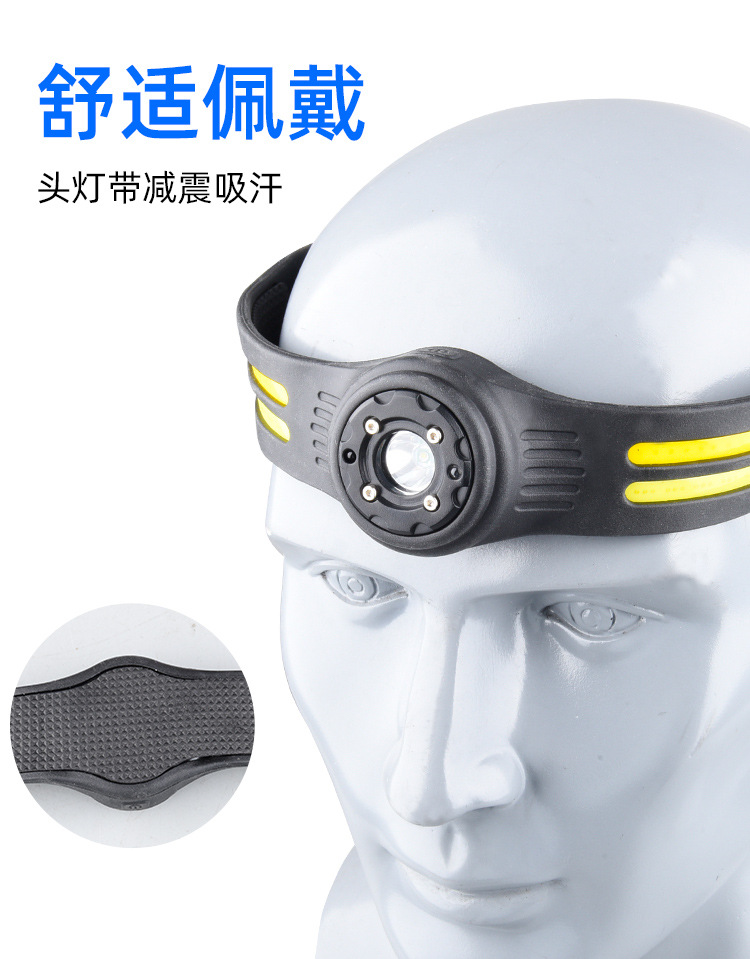 Induction headlight, LED head-mounted dual-light source night fishing headlight, USB charging running light, silicone headlight, strong light pic 13