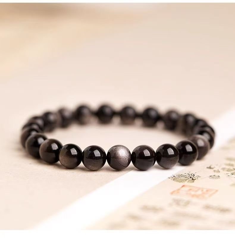 天然银曜石黑曜石手串男女款黑闪亮猫眼手链送男士女右情侣手链详情6