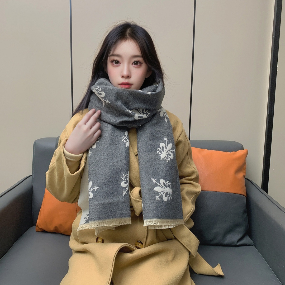 围巾女冬季欧美风格佛罗伦萨鸢尾花披肩加厚百搭双面保暖围脖保暖详情35
