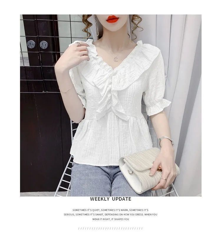 Summer new French V-neck bubble short-sleeved shirt for women, slimming, fashionable and elegant casual top for women chiffon pic 8
