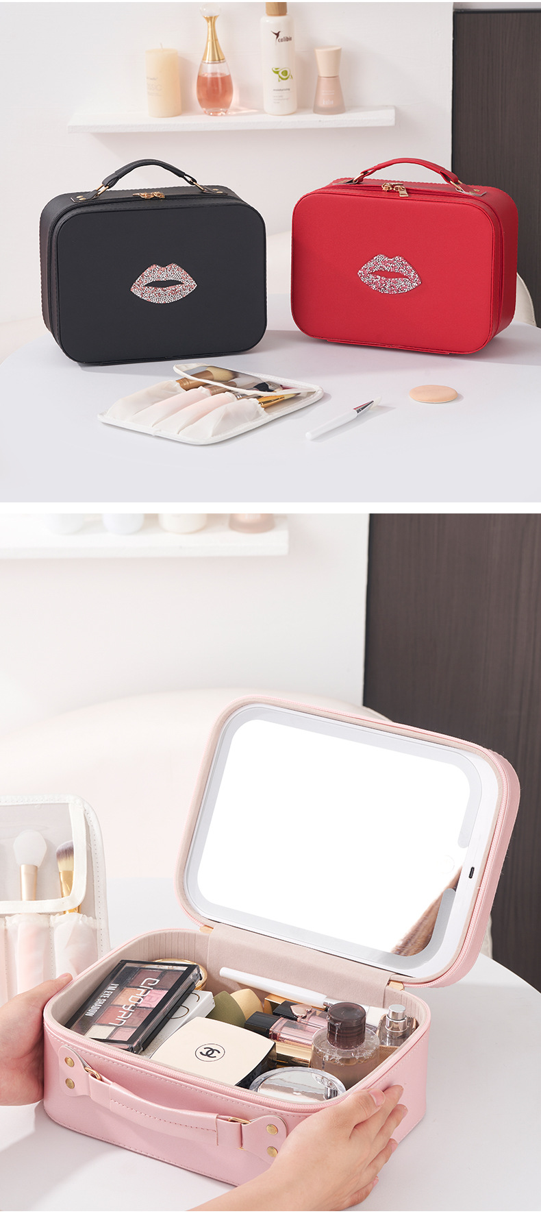 2024化妆箱化妆师高级感带镜子大容量贴钻嘴唇LED灯化妆包伴手礼详情13