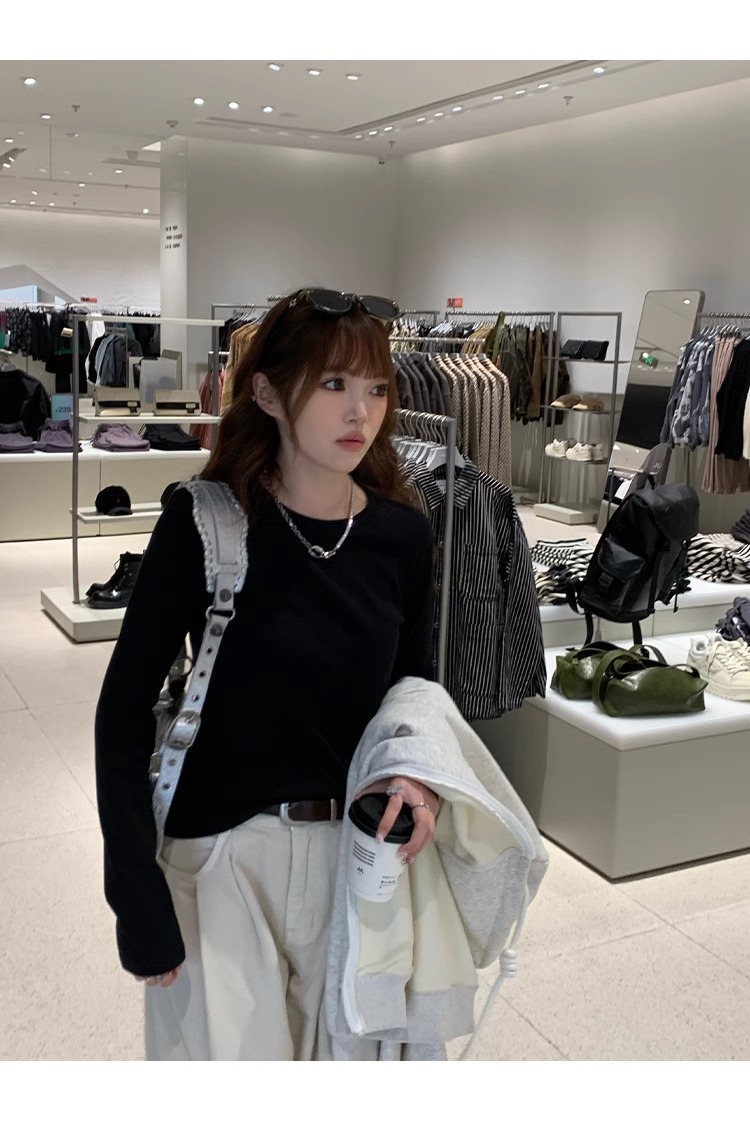 300g圆领白色内搭长袖打底衫t恤女春秋宽松纯棉百搭体恤上衣详情2