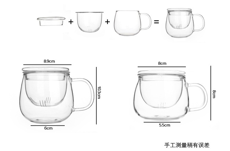 High borosilicate heat-resistant glass cups, covered filter water cups, flower tea cups, transparent round fun tea brewing cups, three-piece cups for office use pic 7