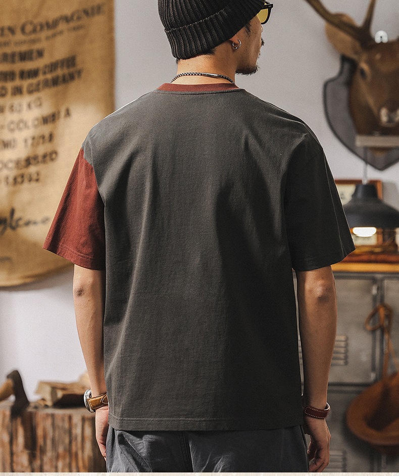 拼接撞色设计短袖男夏季2025新款美式复古重磅T恤男纯棉宽松上衣详情13