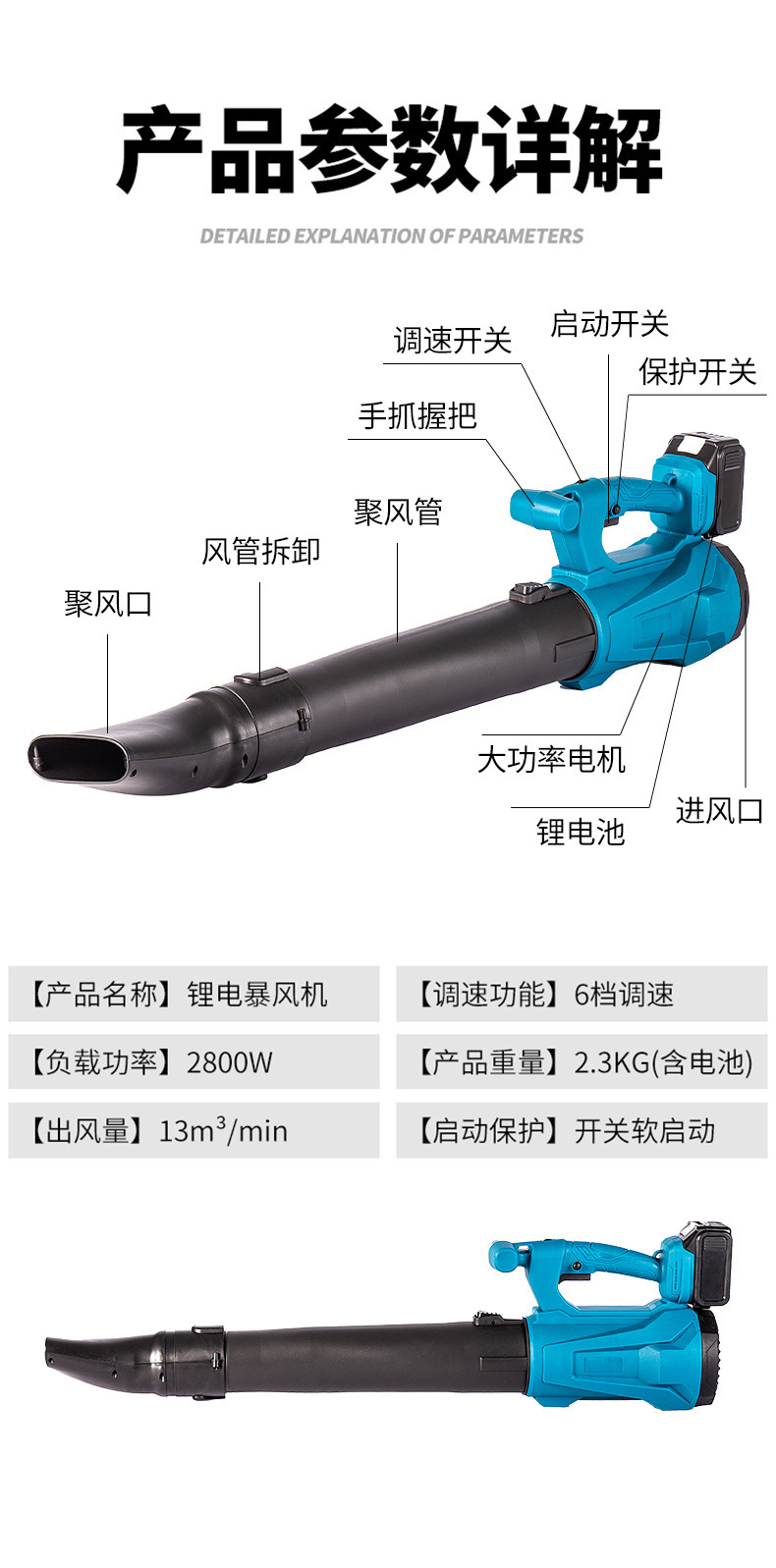 跨境外贸大功率吹风机多功能充电锂电户外工业除尘吹雪吹叶暴风机详情16