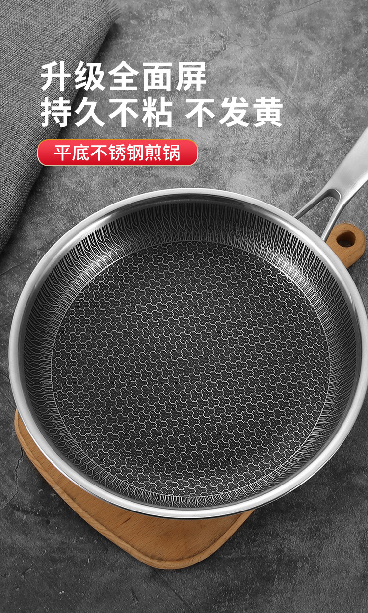 跨境304三层钢不锈钢煎锅加厚平底锅无涂层蜂窝不沾锅煎鸡蛋牛排详情9