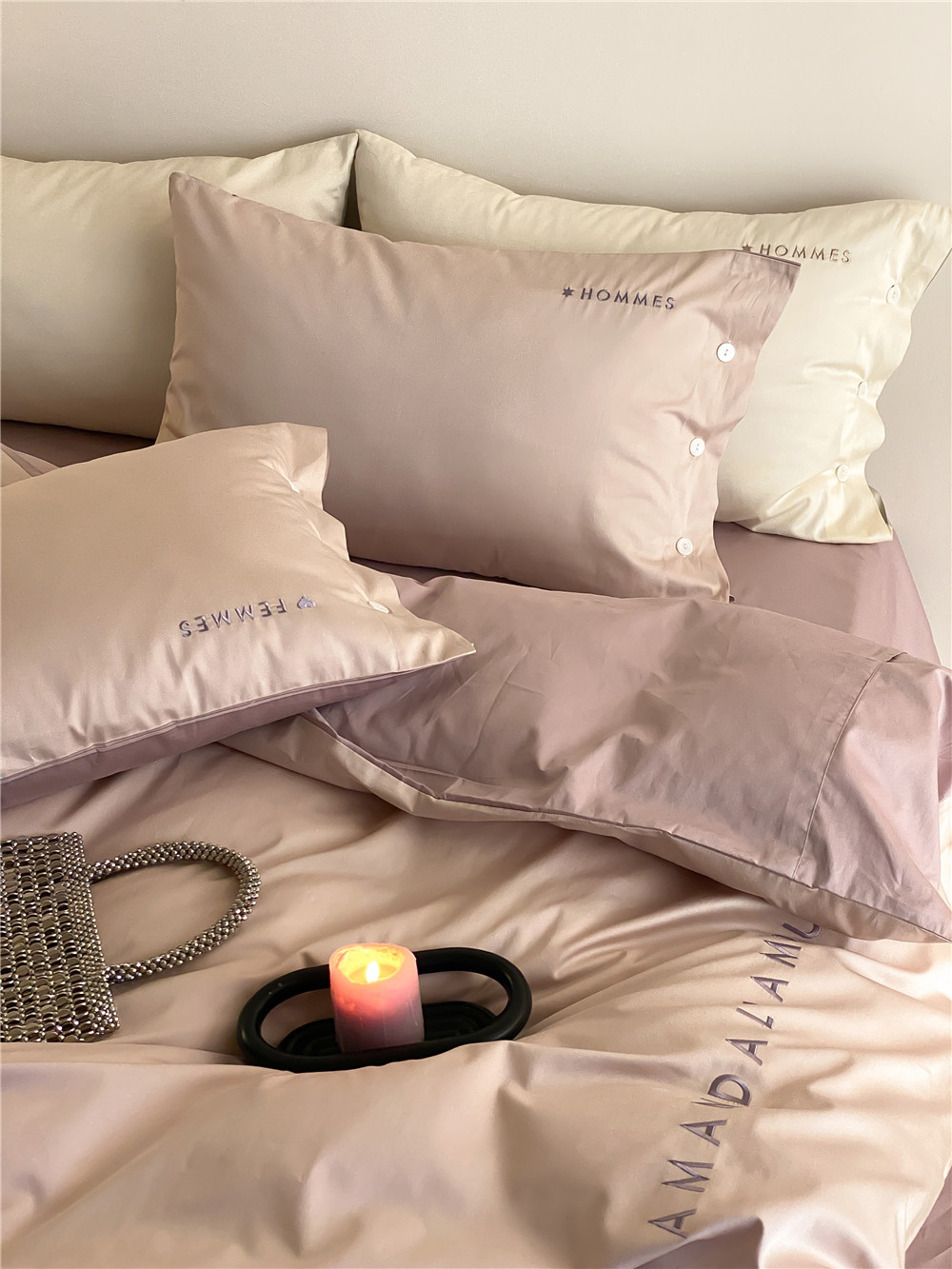 Simple, light luxury and fashionable solid-color long-staple cotton four-piece set, pure cotton letter-embroidered duvet cover, double bedding pic 24