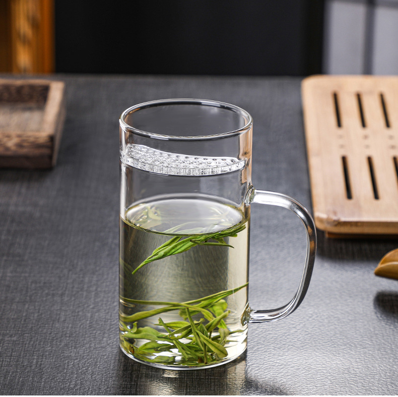 Factory wholesale glass crescent-shaped cups, household green tea cups, heat-resistant glass cups with built-in filters, and tea brewing cups with handles pic 13
