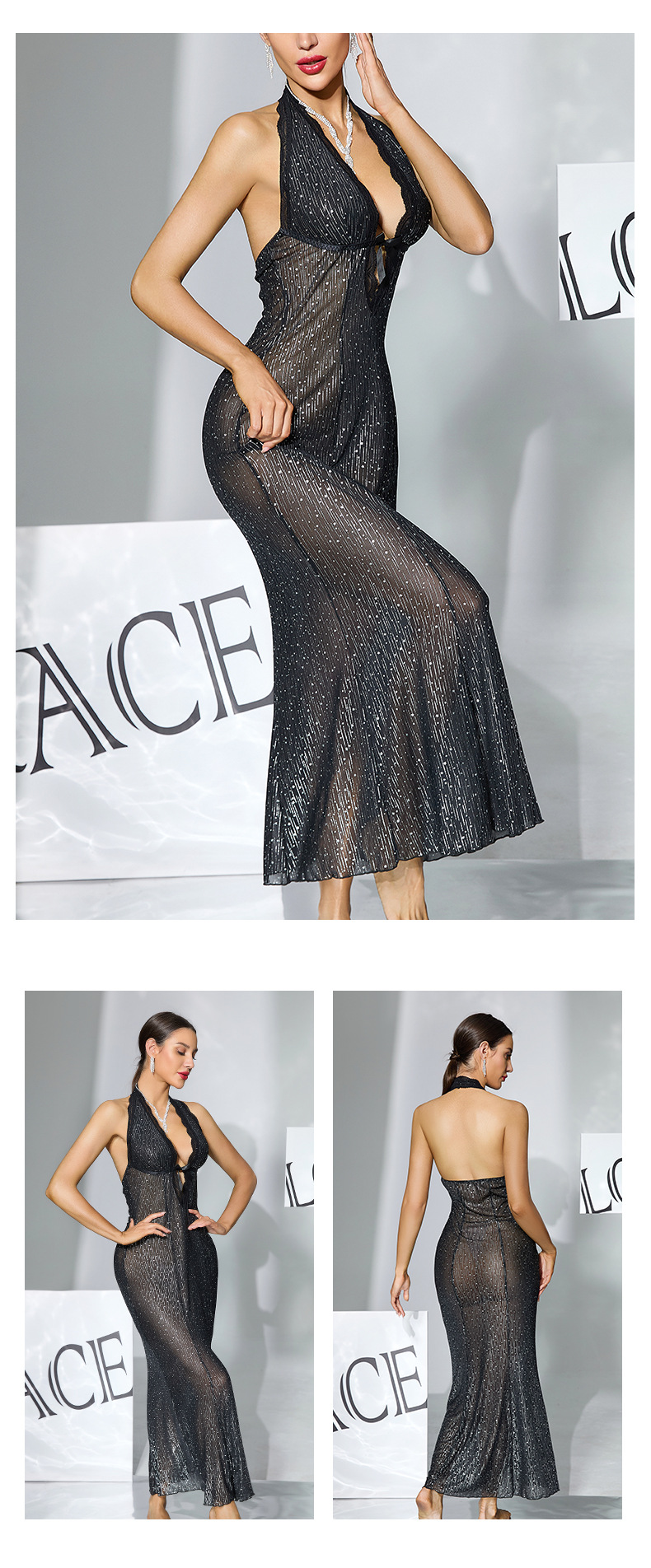 Black silk see-through dress for export, neckline, deep V-neck, backless, slim fishtail, sexy sleeping dress 1155 pic 3