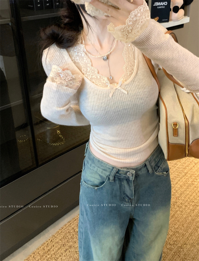 6035#复古蕾丝拼接针织衫新款修身显瘦纯欲风内搭打底长袖上衣女详情16