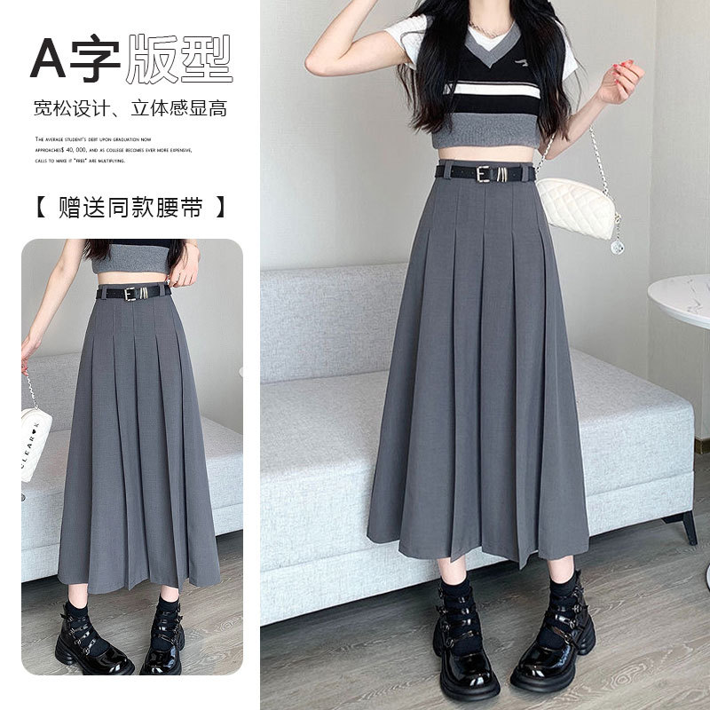 西装面料百褶裙长裙2024新款韩版简约黑色灰色法式高腰显瘦 a字版详情17