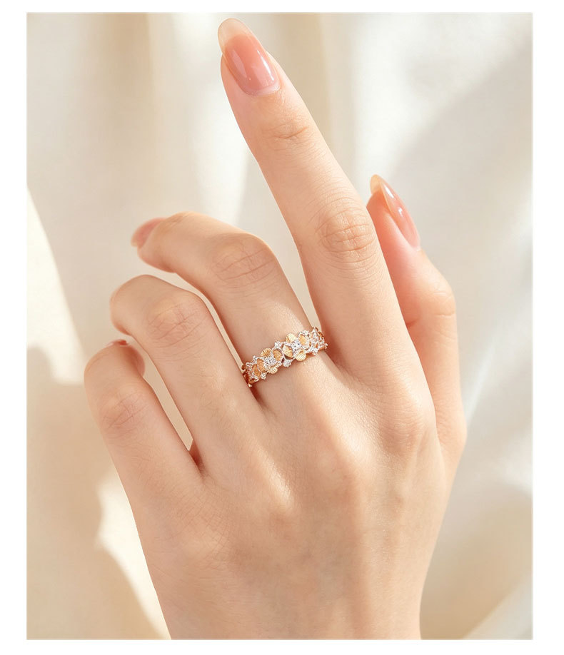 A niche and high-end two-color gold flower open ring, made of copper alloy, real gold electroplated, brushed and zirconium-inlaid adjustable ring pic 6