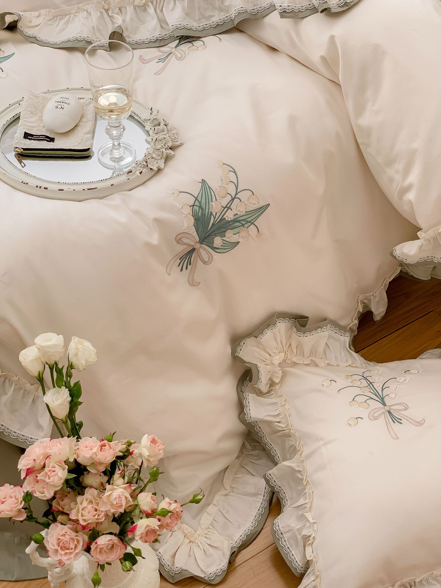 Classical embroidery double-piece natural color fabric with ruffled edges and rounded corners, 100S Australian cotton double-strand Gongbrocade, long-staple cotton four-piece set pic 12