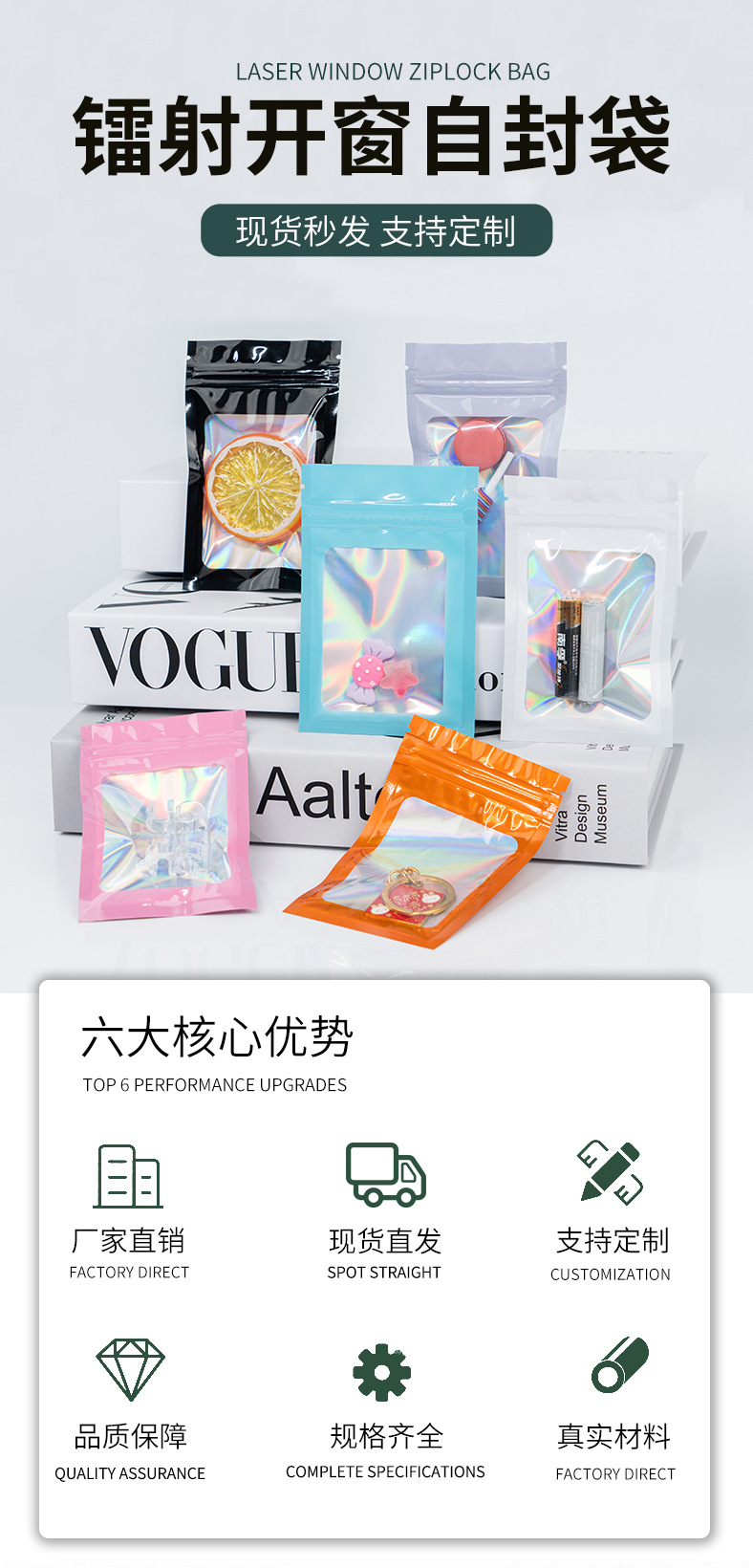 跨境彩色开窗镭射自封袋透明阴阳拉骨袋饰品封口袋密封塑料自封袋详情2