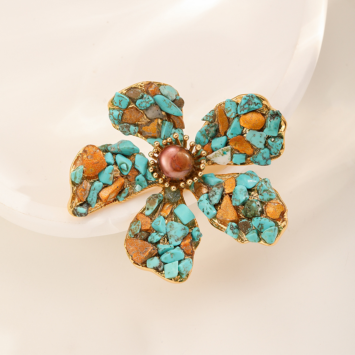 Nasha Cross-border Exclusive Blue pine crushed stone creative flower brooch, design sense, niche original design style brooch pic 7