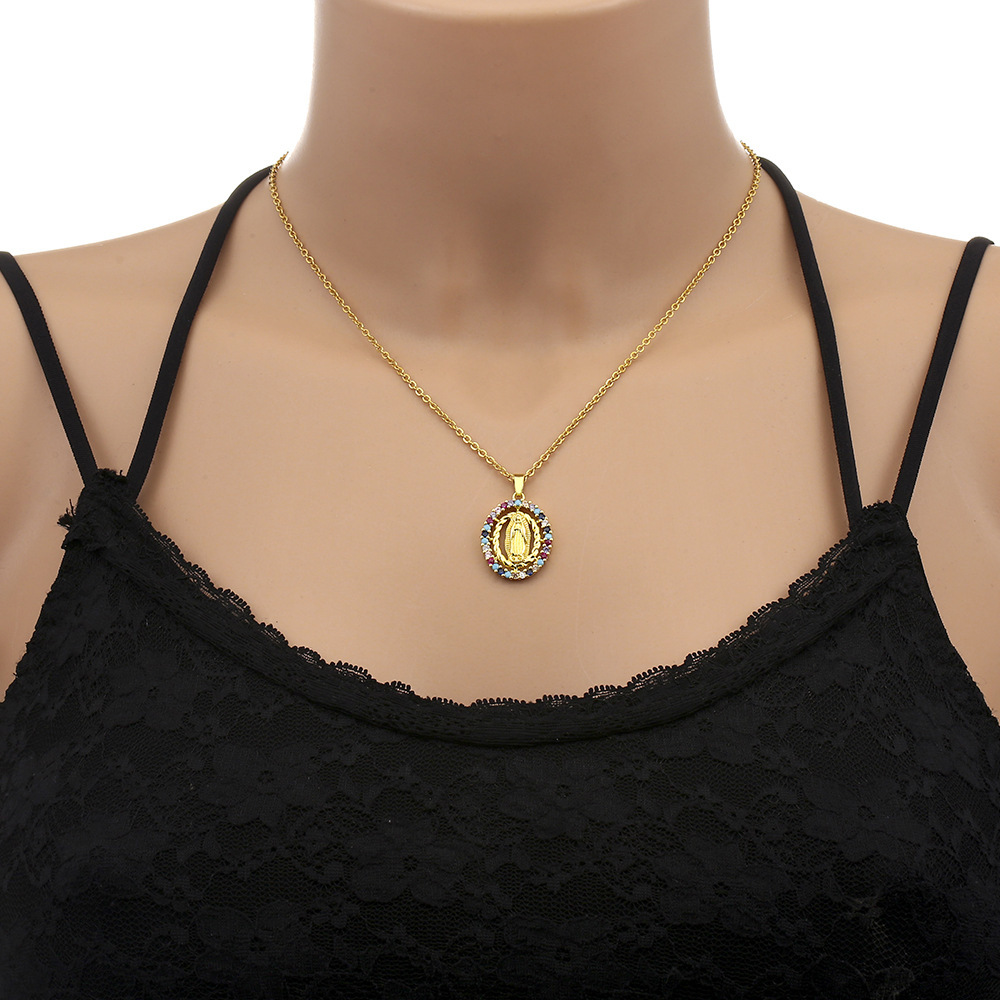 KIMOJ新款项链跨境时尚法式圣母吊坠铜镶嵌锆石项链不褪色铜镶锆饰品彩钻复古风详情4