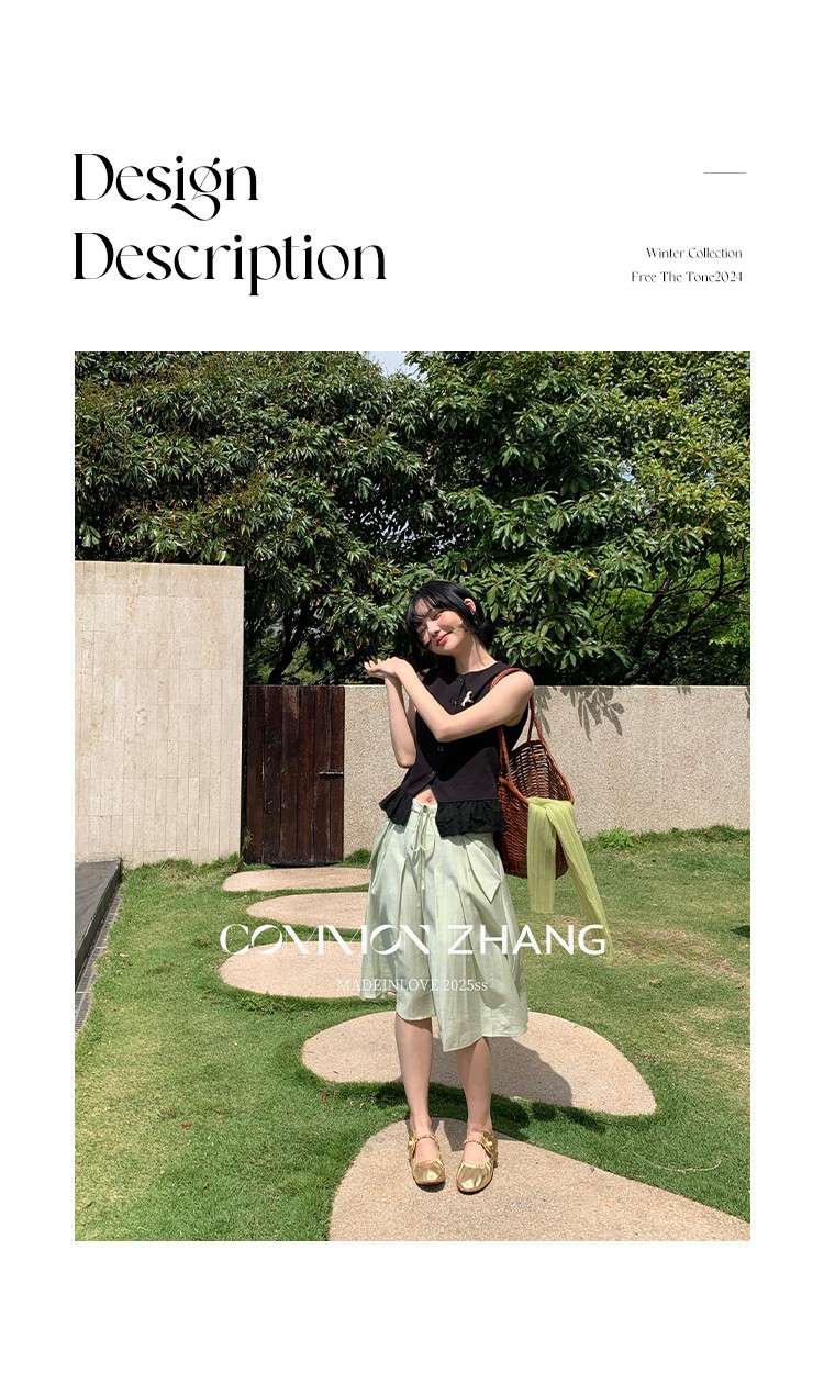 CZ ZHANG Summer French lace-up waist Tencel solid color low-waist A-line pleated skirt B22859 pic 2