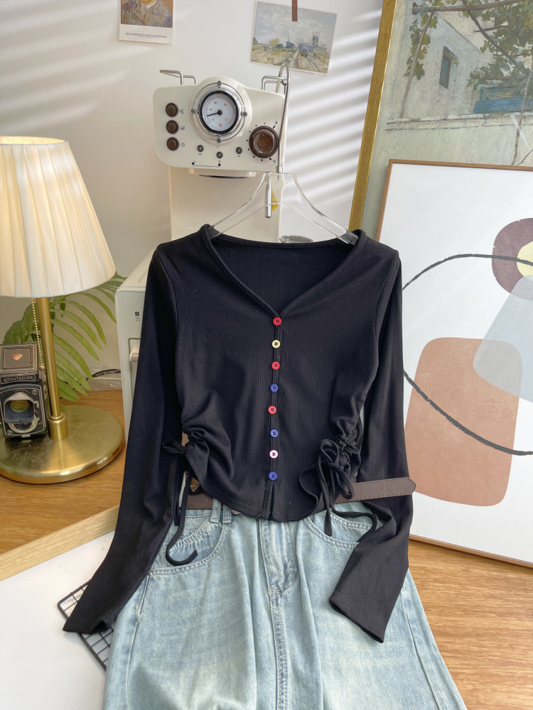 抽绳针织长袖t恤女2024秋新款修身短款设计感内搭打底衫上衣4659详情8