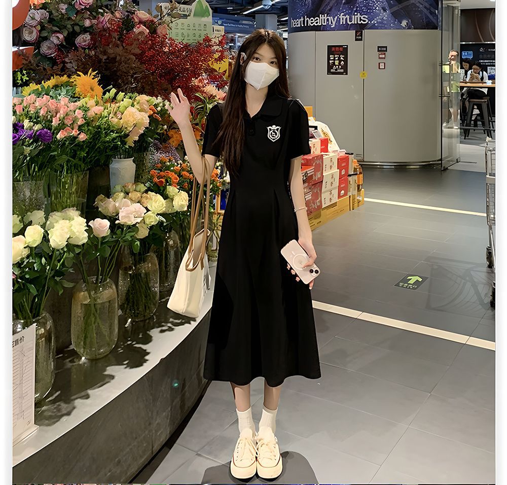 夏季POLO领短袖连衣裙女收腰显瘦过膝长裙学院风中长款休闲A字裙详情17