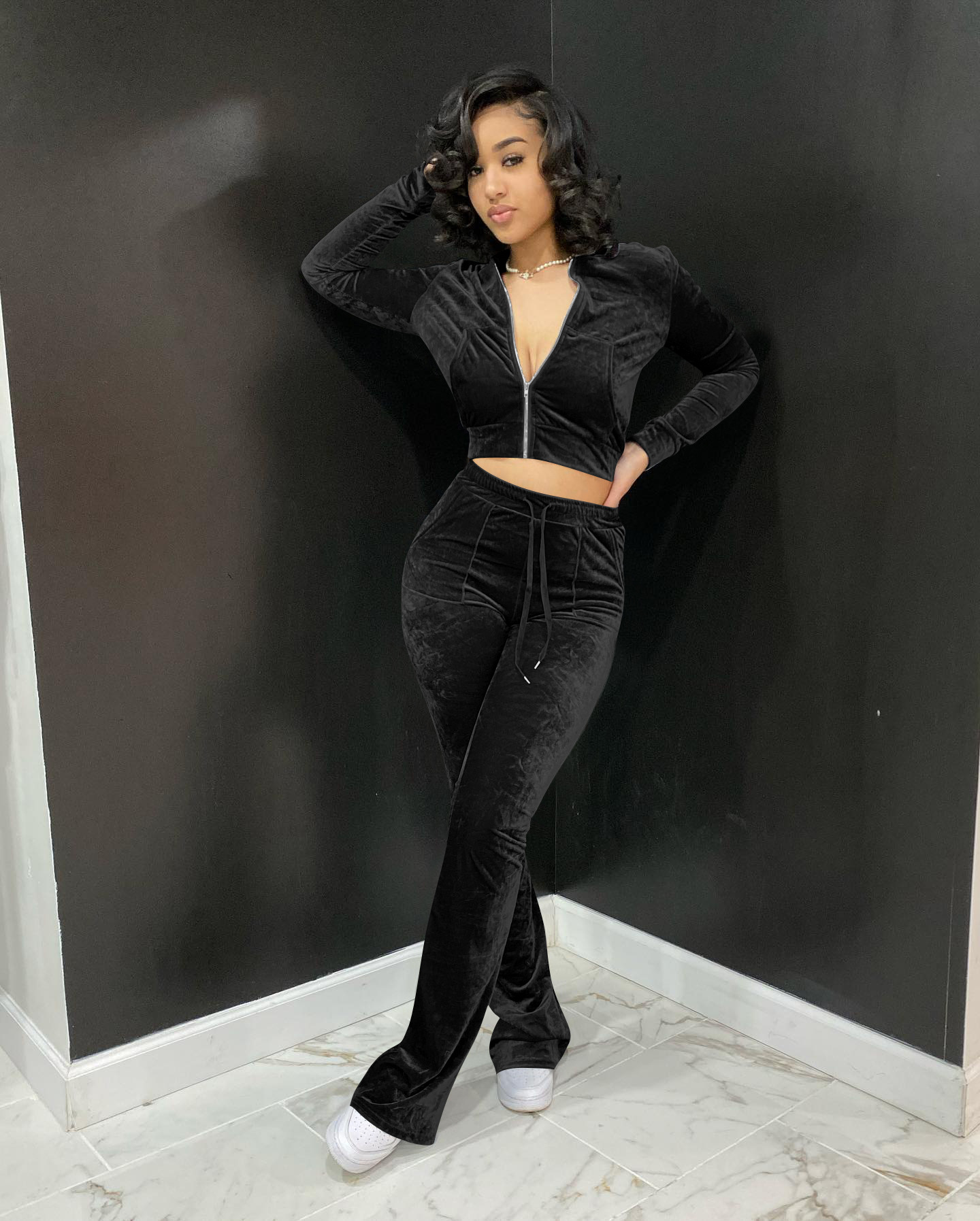 Solid color gold velvet wide-leg pants two-piece set pic 54