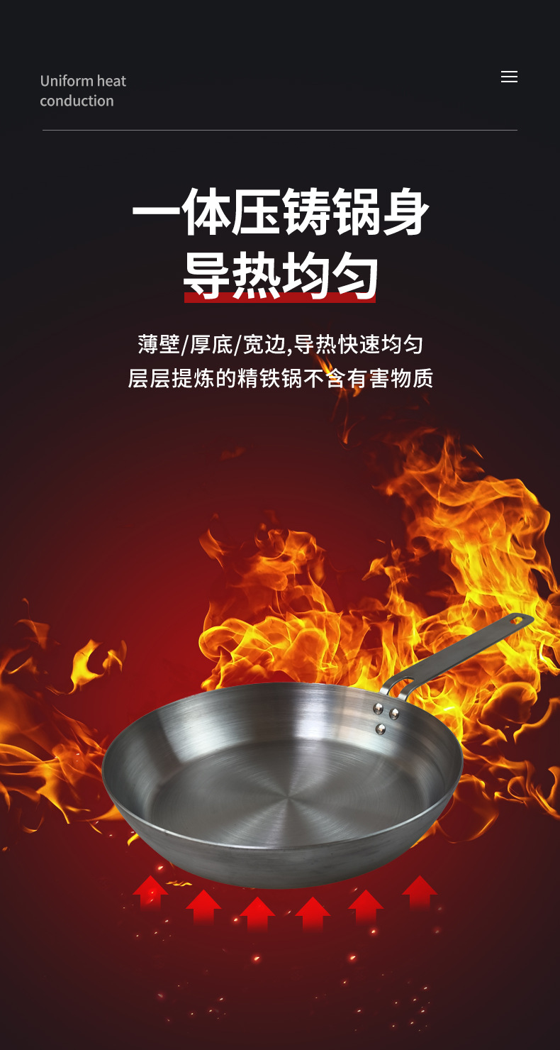 New uncoated flat-bottomed pan for both frying and stir-frying, non-stick small frying pan, household thickened iron pot, induction cooker, universal wholesale pic 8