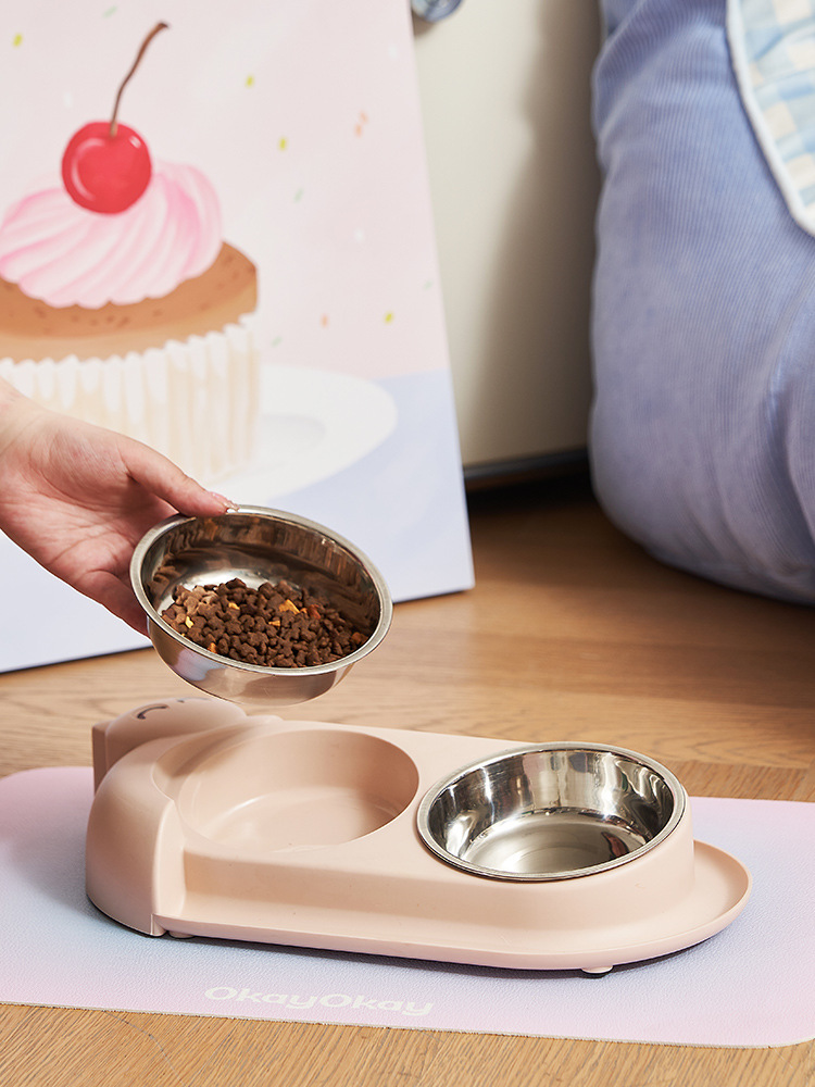 Multi-functional pet double-bowl cartoon with stainless steel bowl, pet feeding utensils, pet water and feeding two-in-one anti-slip bowl pic 13