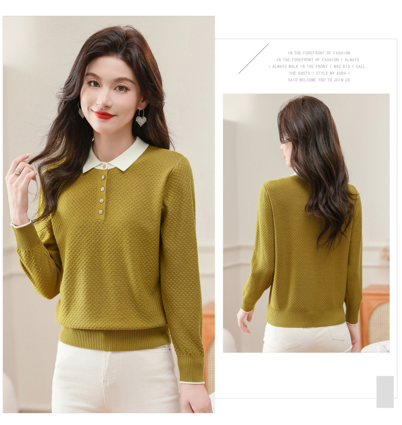 2024新款翻领含羊毛女士针织衫套头衫春秋韩版时尚气质上衣打底衫详情9