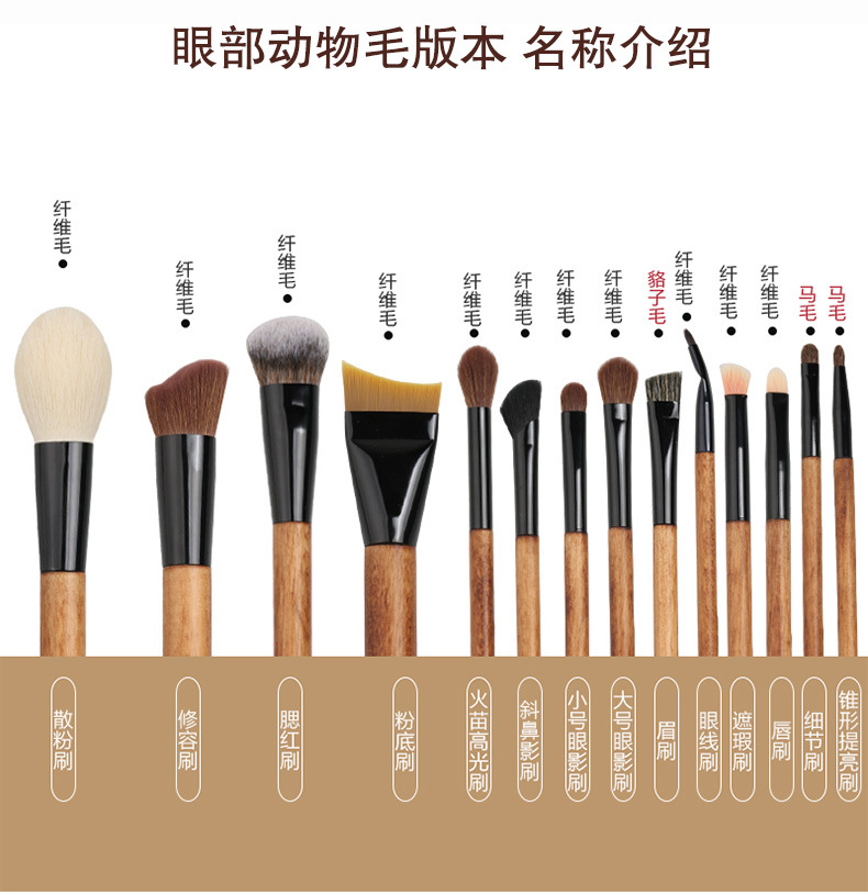 New Cangzhou 14-piece wooden-handled set: Animal hair eyeshadow brush, blush brush, contouring brush, beauty tools, makeup brush pic 9