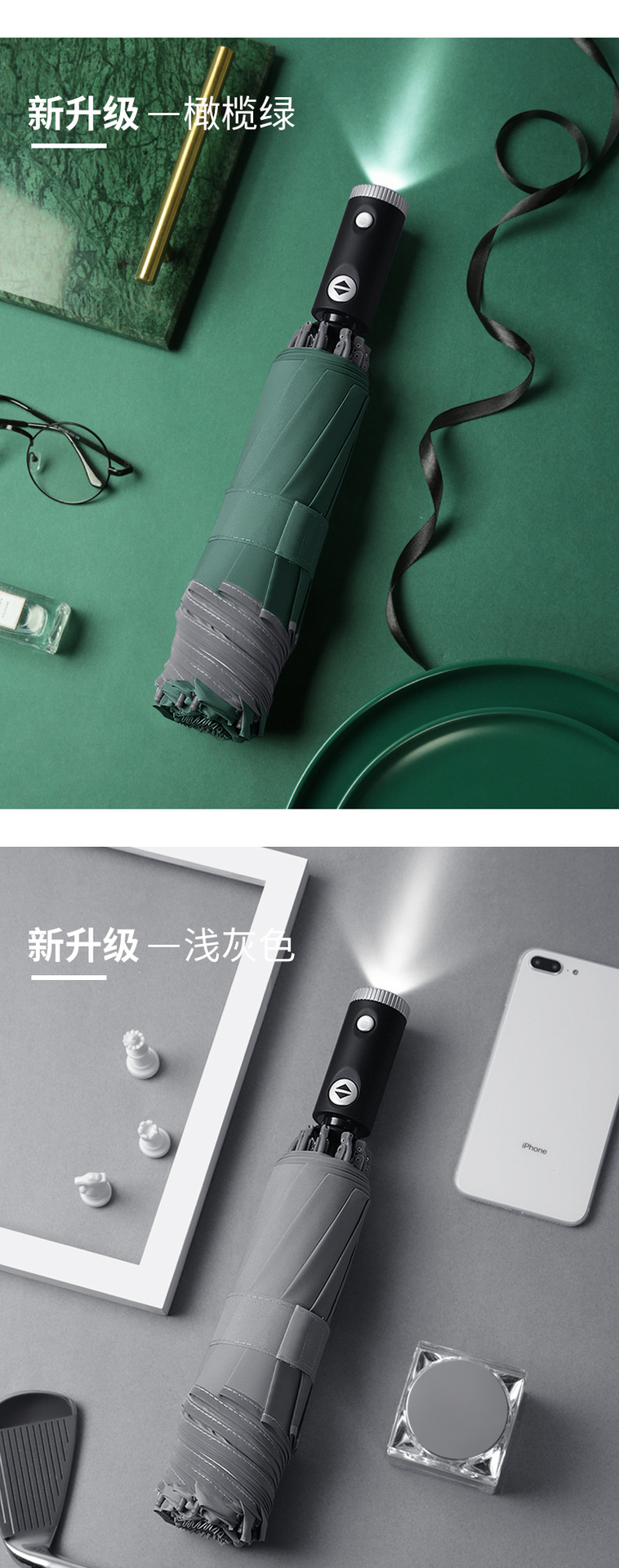 创意全自动三折反向雨伞反光条LED伞加印logo广告伞印字一件代发详情19