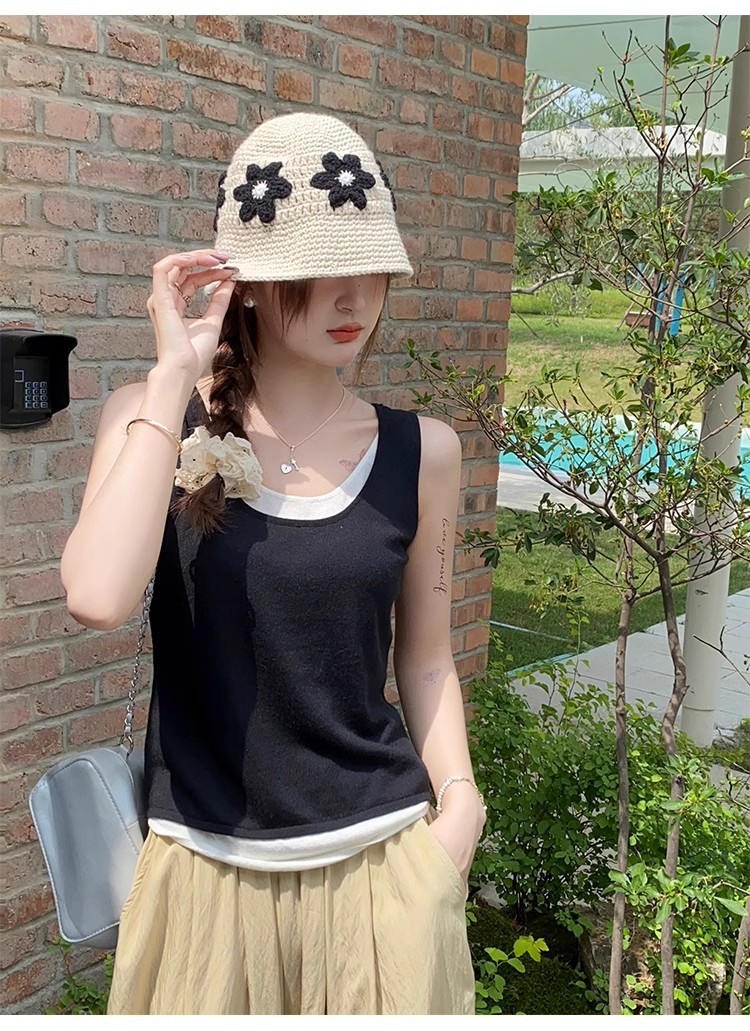 新款慵懒风撞色宽松背心假两件吊带小背心夏季女装内搭夏外穿上衣详情18