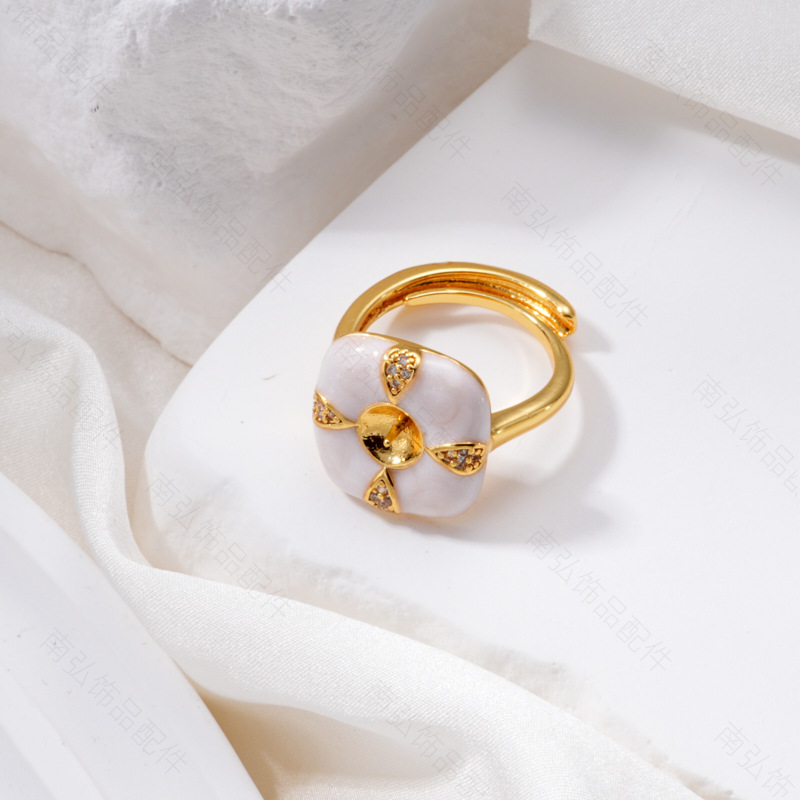Pearl ring, earneedle pendant, three-piece set, empty stand, retro square oil drip design, DIY, light luxury, high-end style, flower pic 8