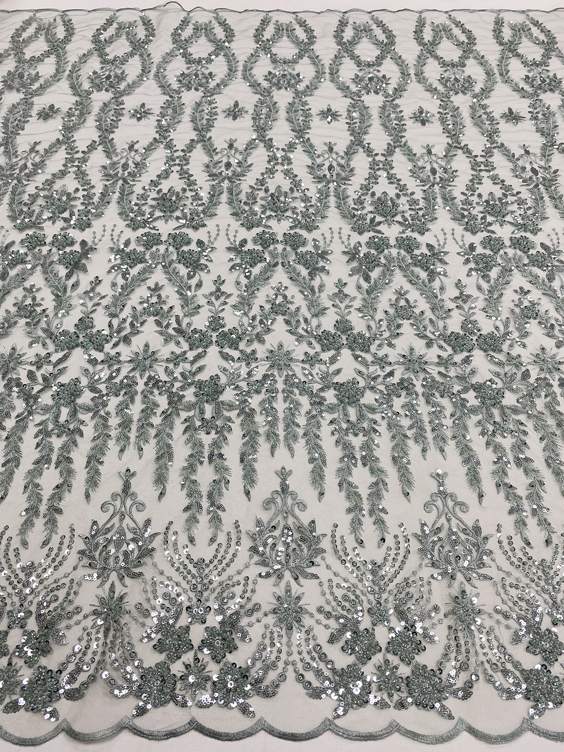 New high-end cheongsam wedding dress fabric with light green millet sequined mesh embroidery pic 5