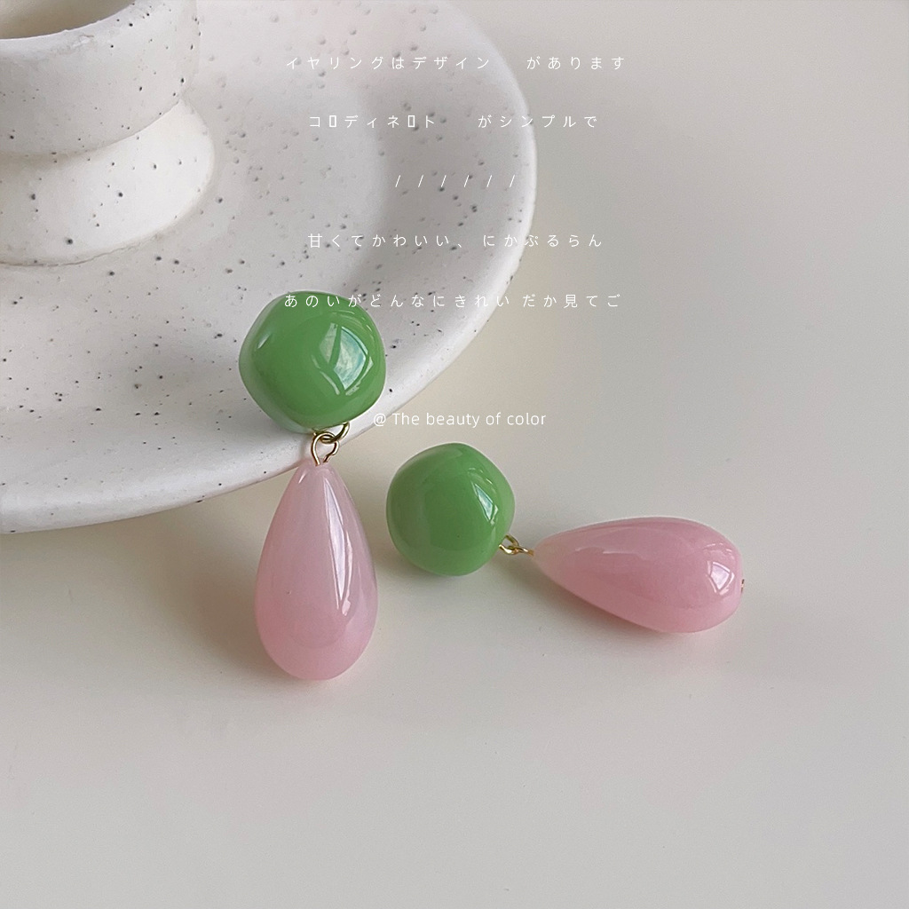 New Chinese-style teardrop-shaped color-blocking earrings, fresh peach pink and green, retro Hong Kong style, high-end, exaggerated large earrings for women pic 9
