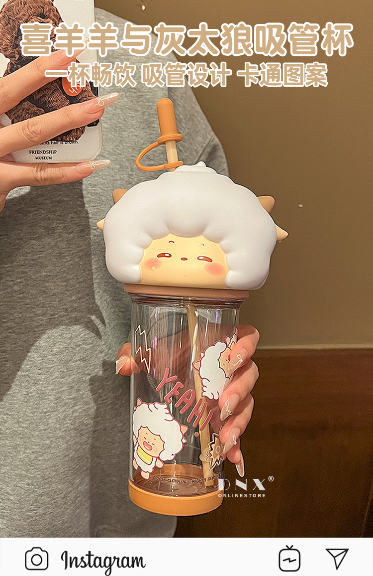 喜羊羊与灰太狼联名大头水杯儿童学生专用tritan吸管水壶随身水杯详情1