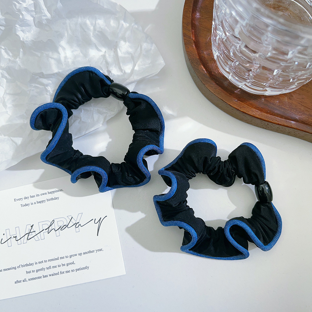 Korean-style color-blocked black fungus fringe small intestine ring hair band lace hair tie ponytail pearl hair tie leather band hair accessory pic 4